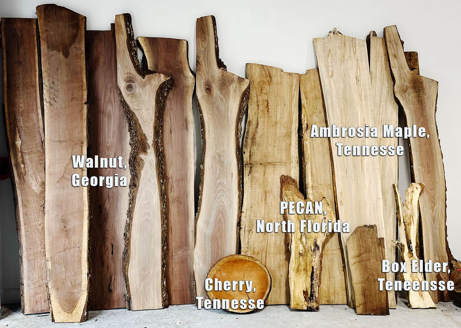 Specialty wood types, Orchid Wood Co: box elder, ambrosia maple, walnut, pecan, cherry