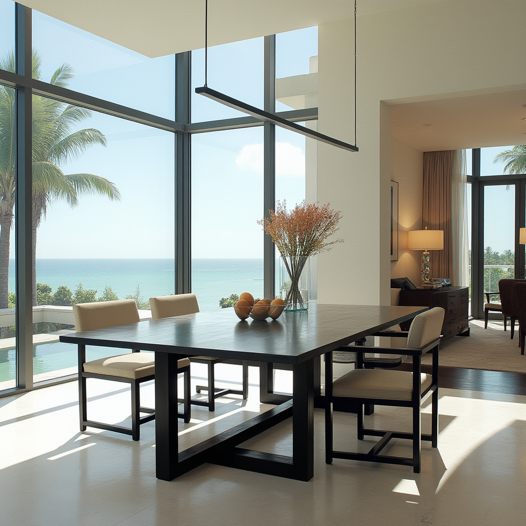 The Jupiter Island Modern Table blends minimalist lines with coastal warmth. Crafted from solid hardwood with a black geometric base, it’s timeless and bold.