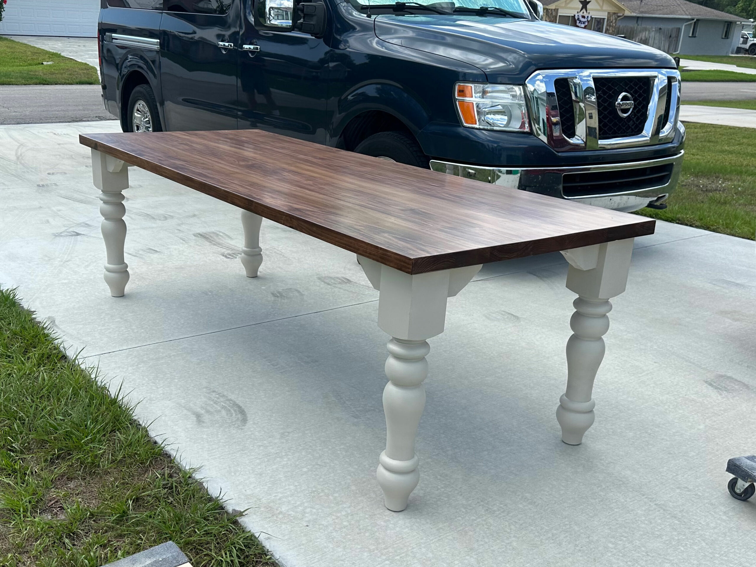 OrchidWoodCo custom-made wood tables, monastery leg